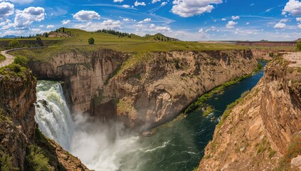 Water cascading down a towering basalt cliff into a deep canyon along a winding river in a scenic valley