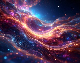 A captivating abstract with glowing, swirling trails of light in vibrant blues and oranges