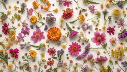 Flat arrangement of wildflowers and plants on a white backdrop, overhead perspective. Theme representing spring and summer.