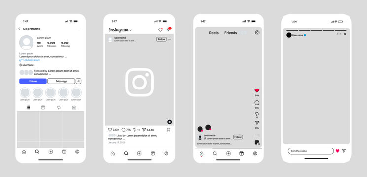 instagram mockup social media post template. instagram new grid size template update 2025. social network instagram app. Instagram Post Reels Story mockup template frame with Phone mock up