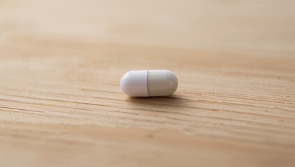 Detailed View of a Medicine Capsule on a Wooden Surface