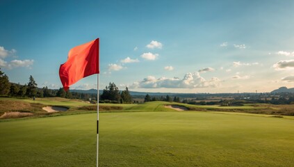 Beautiful Golf Course Under Morning Sun with Red Flag and Out-of-Focus Player