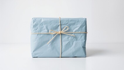 A present wrapped in textured blue paper secured with a single piece of twine. Minimalist gift packaging on a plain white backdrop.