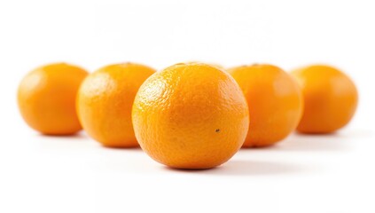 Close-up horizontal photo of seven tangerines with the front one sharply focused and the others blurred against a white backdrop.