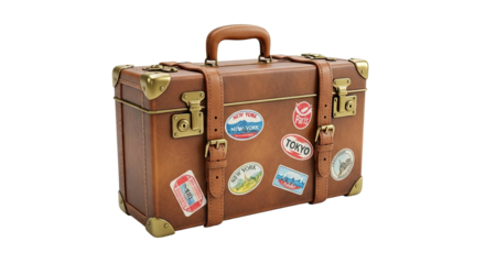 Vintage brown leather suitcase with travel stickers ready for journey