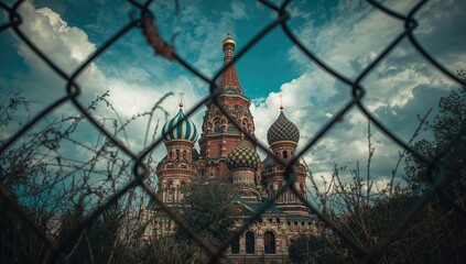 View of the Cathedral of Saints Peter and Paul through a metal fence at the Fortress