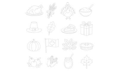Thanksgiving Line Art Icons – Fall Harvest, Turkey, Pumpkin, and Autumn Food Illustrations