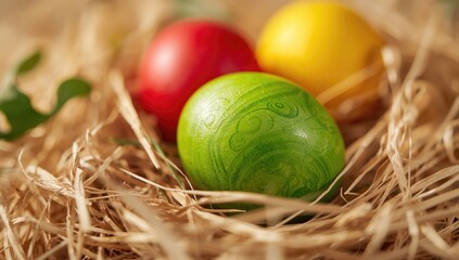 Detailed close-up of a green Easter egg resting in a hay nest with red and yellow eggs behind it