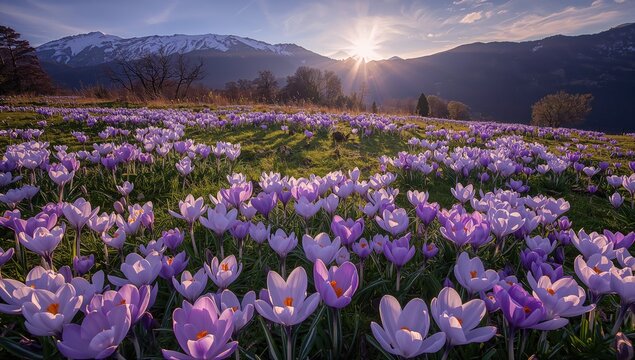 Enchanting crocus blossoms glowing under sunlight with snowy mountain vistas in the background. Scenic wallpaper capturing peace and charm.
