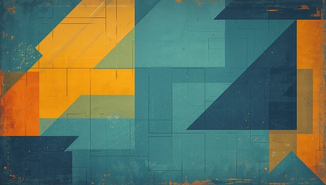 Abstract geometric background with blue, yellow, dark blue, and orange paper shapes and lines