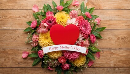 Stunning floral arrangement featuring a heart on rustic wood - Celebration card for Mother's Day, Birthday, and Wedding