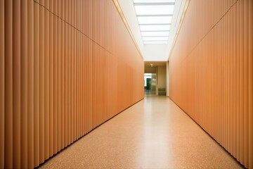 Terracotta Tiled Atrium Featuring Vertical Panels And Skylights Creating A Modern Indoor Corridor With Natural Light And Minimalist Design