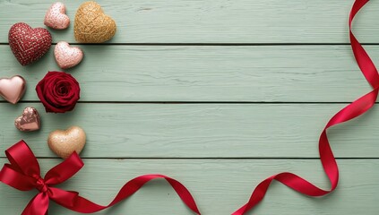 Romantic backdrop featuring mixed heart shapes, vibrant dark red roses, and crimson decorative ribbon on a rustic light green wooden surface, overhead perspective