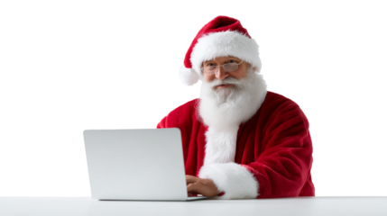 Santa Claus sitting at a white desk and working on a laptop isolated on transparent. 