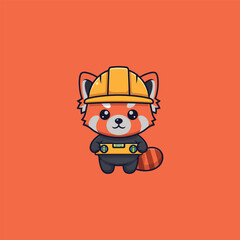 Fototapeta premium Cute red panda construction worker wearing a hard hat and holding a level.