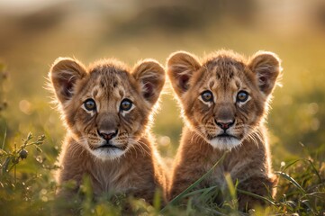Obraz premium Adorable lion youngsters in their natural habitat