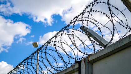Barbed wire fence against a partly cloudy sky
