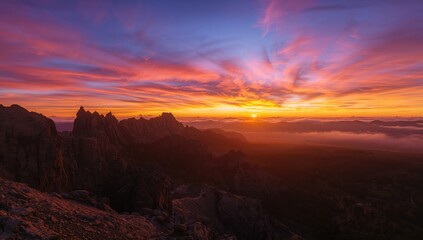 Naklejka premium Twilight scene featuring towering mountains and a mist-covered valley beneath a vivid, colorful sky.