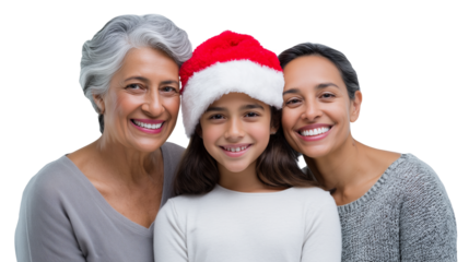 Hispanic women, grandmother, mother and daughter  smiling together wearing christmas santa hat isolated on transparent. Generational family love and holiday joy. 