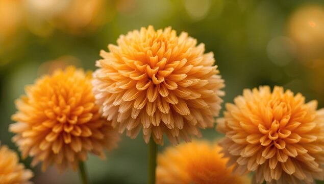 Close-up shot of yellow pom-pom flowers with an orange gradient and blurred background