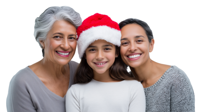 Hispanic women, grandmother, mother and daughter smiling together wearing christmas santa hat isolated on transparent. Generational family love and holiday joy.