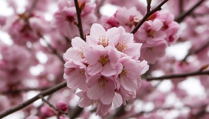 Obraz premium Pink petals of fully bloomed springtime flowers on tree branches