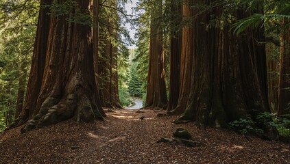 Massive redwood forest with a trail for hiking surrounded by lush greenery and peaceful nature