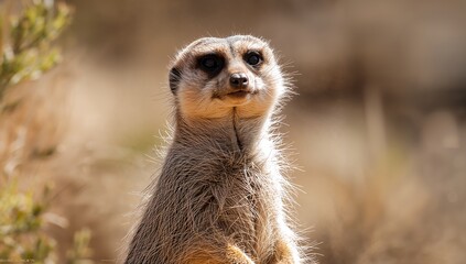 Fototapeta premium Alert meerkat in its natural habitat displaying its fur and typical behavior