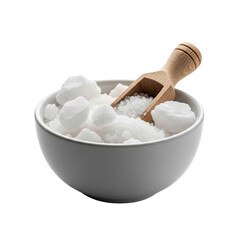 White bowl filled with coarse sea salt and wooden scoop