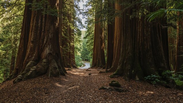Massive redwood forest with a trail for hiking surrounded by lush greenery and peaceful nature