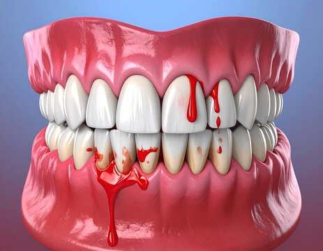 A close-up digital illustration depicts human teeth with noticeable bleeding from the gums