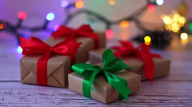 Festive Christmas Gifts with Colorful Lights and Ribbons.