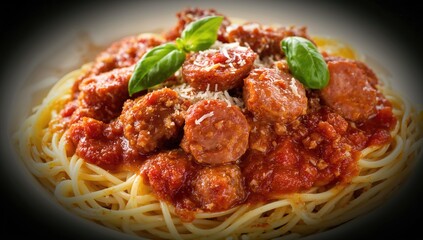 Fototapeta premium Pasta Tossed with Pork and Sausage
