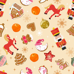 Christmas seamless pattern with a nutcracker, gingerbread cookies, and Christmas decorations. Suitable for decorating textiles and packaging. Vector illustration.