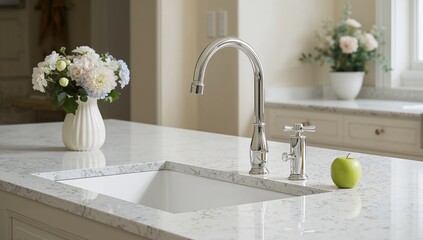 Obraz premium Classic interior featuring a white granite kitchen basin with a mixer faucet, adorned with flowers and a green apple.