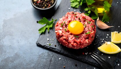 Juicy steak tartare topped with raw egg yolk, dark stone surface