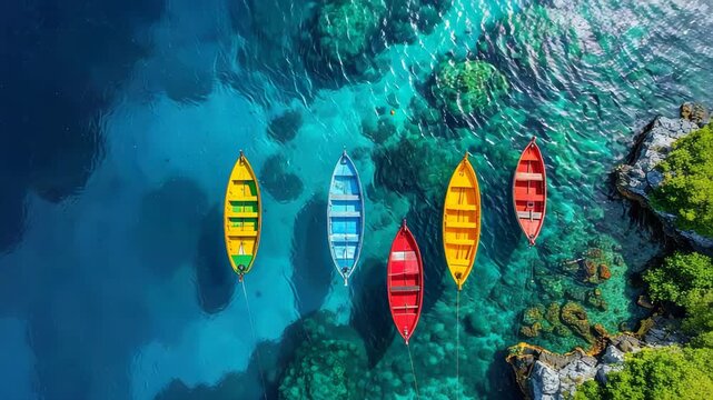Aerial View of Colorful Fishing Boats in Clear Blue Ocean Water, Representing Diversity, Balance, and Travel