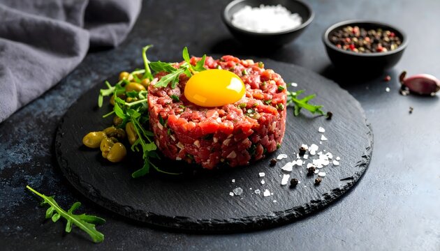 Juicy steak tartare topped with raw egg yolk, dark stone surface