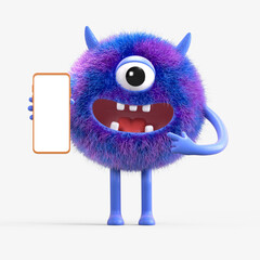 Fluffy, cute monster presents a phone, symbolizing digital interaction. 3D rendering, conceptual image. Isolated on white background.