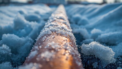 Close-up of heating pipes beneath the ground during winter with frost accumulation