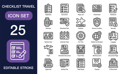Checklist Travel set of icon in line style. Checklist Travel user interface icon collection. Containing clipboard, document, page list, checkmark, notebook, suitcase and more. Editable Stroke