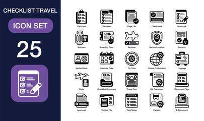 Checklist Travel set of icon in glyph style. Checklist Travel user interface icon collection. Containing clipboard, document, page list, checkmark, notebook, suitcase and more. Editable Stroke