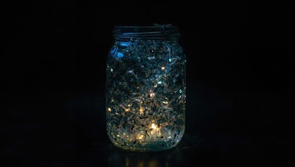 Glow bugs captured inside a jar against a black backdrop