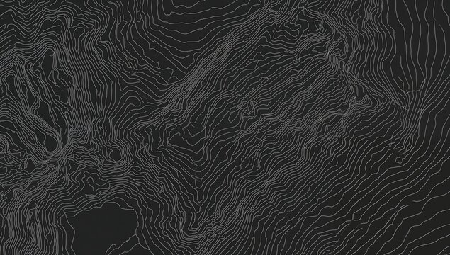 Continuous topographic pattern with white lines on dark backdrop. Seamless contour map design featuring mountain hiking routes and geographic grid.