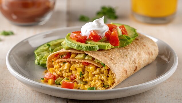 Healthy vegetarian breakfast featuring a homemade egg burrito with fresh veggies and assorted sauces