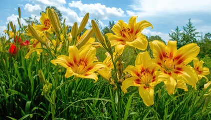 Obraz premium These daylilies feature vibrant yellow and deep red petals, creating lively and joyful flowers in the early summer garden.