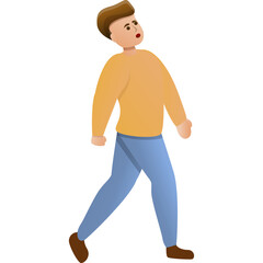 Fototapeta premium Cartoon Style Young Man Wearing Orange Sweater and Blue Jeans Walking Confidently Against a White Background