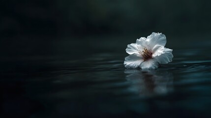 A single white flower floats serenely on dark rippling water casting a delicate reflection