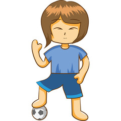 Cartoon Style Young Person With Brown Hair And Blue Shirt And Shorts Posing With One Foot On A Soccer Ball