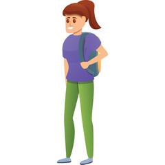 Cartoon Style Young Woman With Ponytail Wearing Purple T Shirt Green Pants and Yellow Backpack Standing With Transparent Background